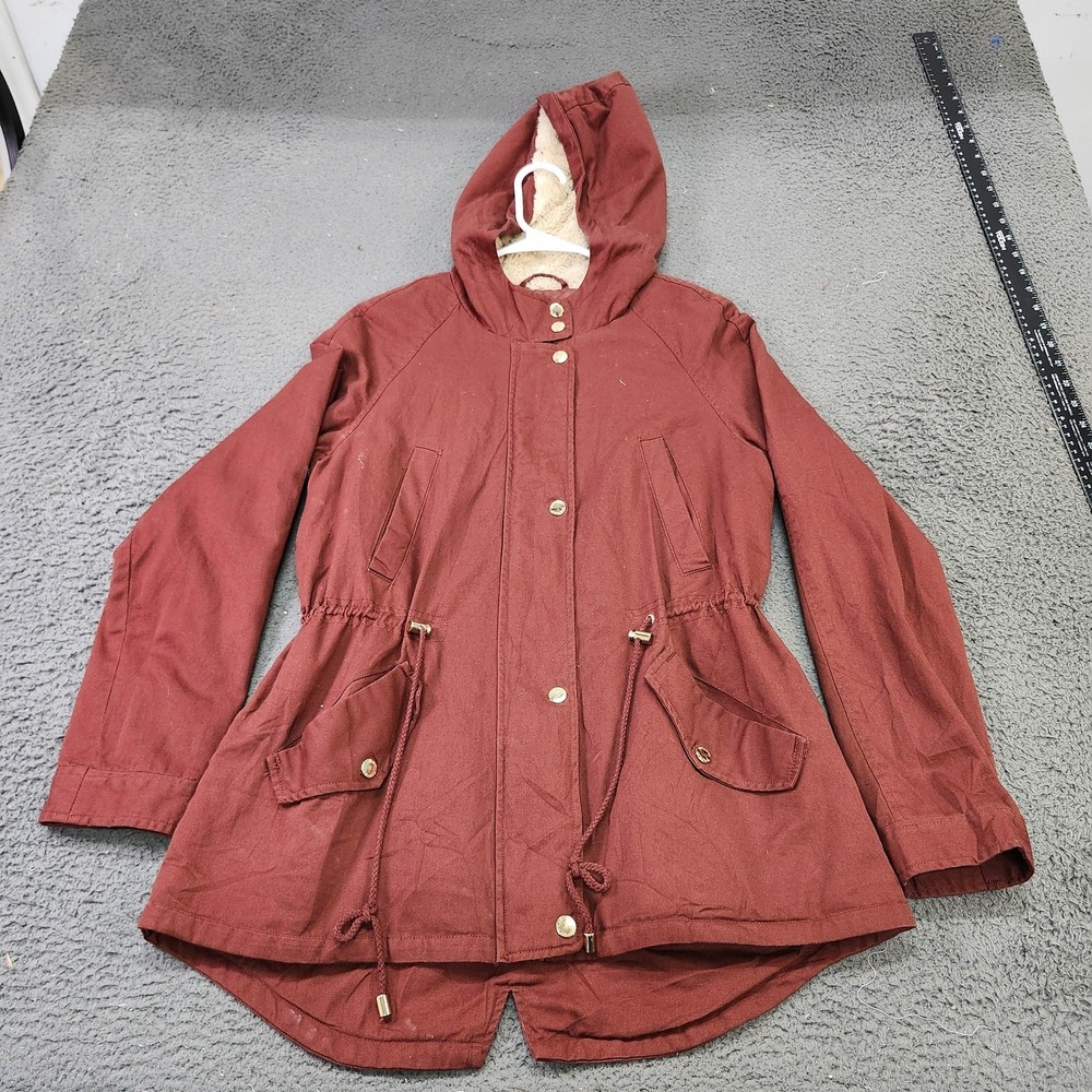 Collection B Jacket Womens Medium Brown Twill Hooded Anorak Drawstring Pockets
